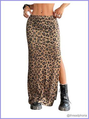 Leopard Print High Slit Maxi Skirt Ruched Y2K Cheetah Long Skirt